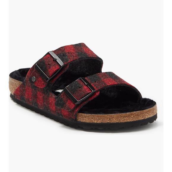 Birkenstock Arizona Shearling Red/Black Buffalo Check Plaid NEW Size 37 US 6/6.5 - Picture 1 of 4